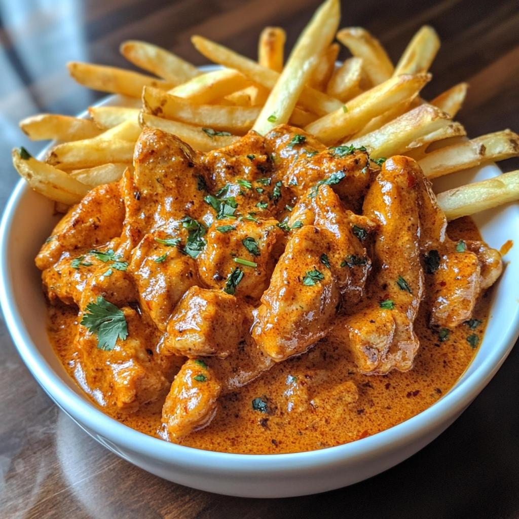Butter Chicken mit Knoblauchsauce und knusprigen Pommes