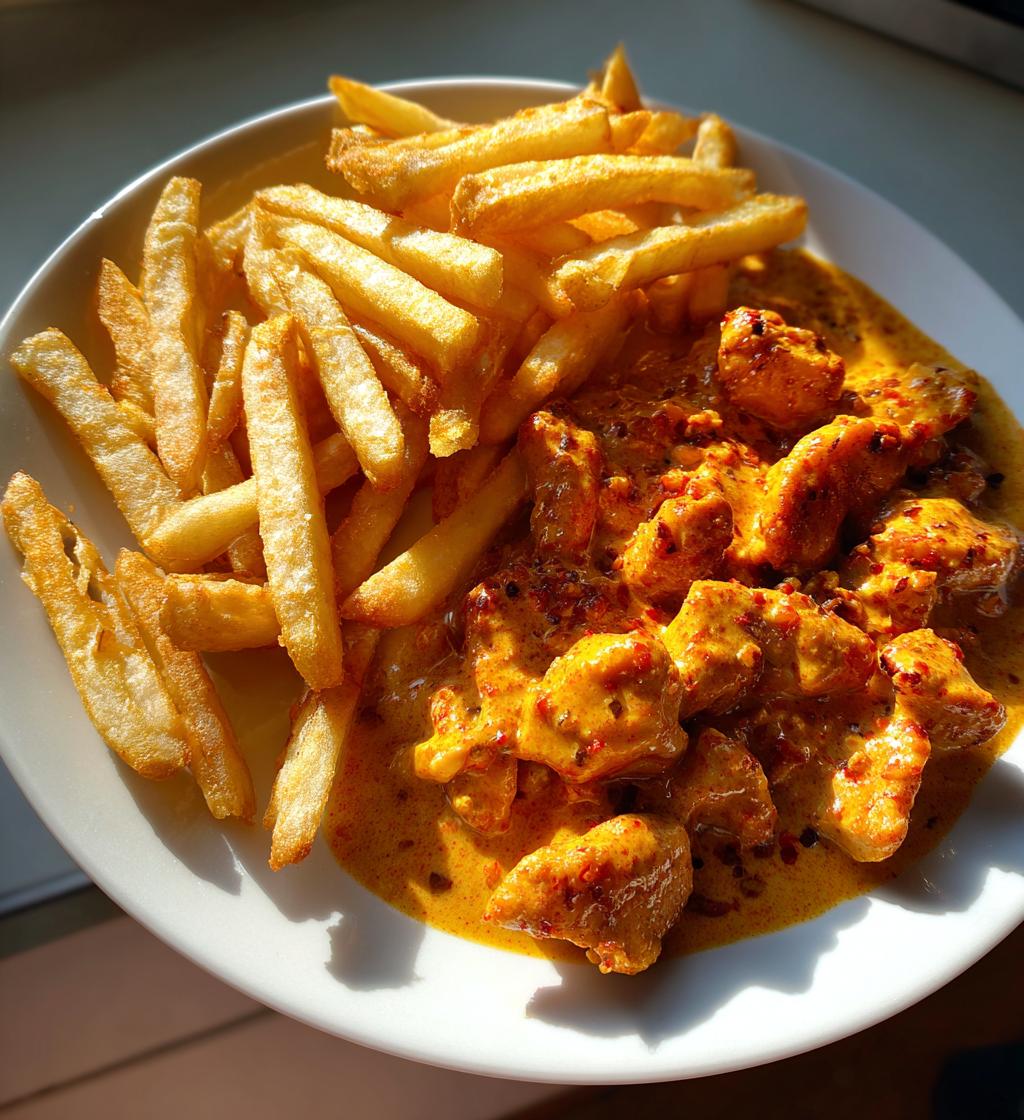 Butter chicken with garlic sauce and crispy fries - detail 1