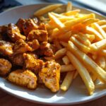 Butter chicken with garlic sauce and crispy fries
