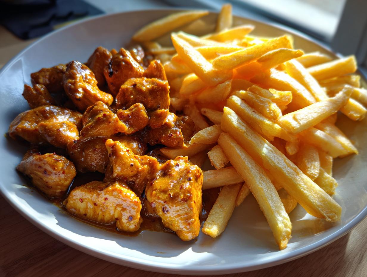 Butter chicken with garlic sauce and crispy fries