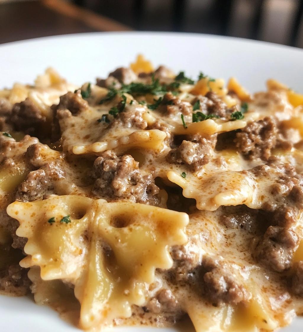 Cheesy Bowtie Pasta with Savory Cajun Ground Beef in Garlic Cream - detail 1