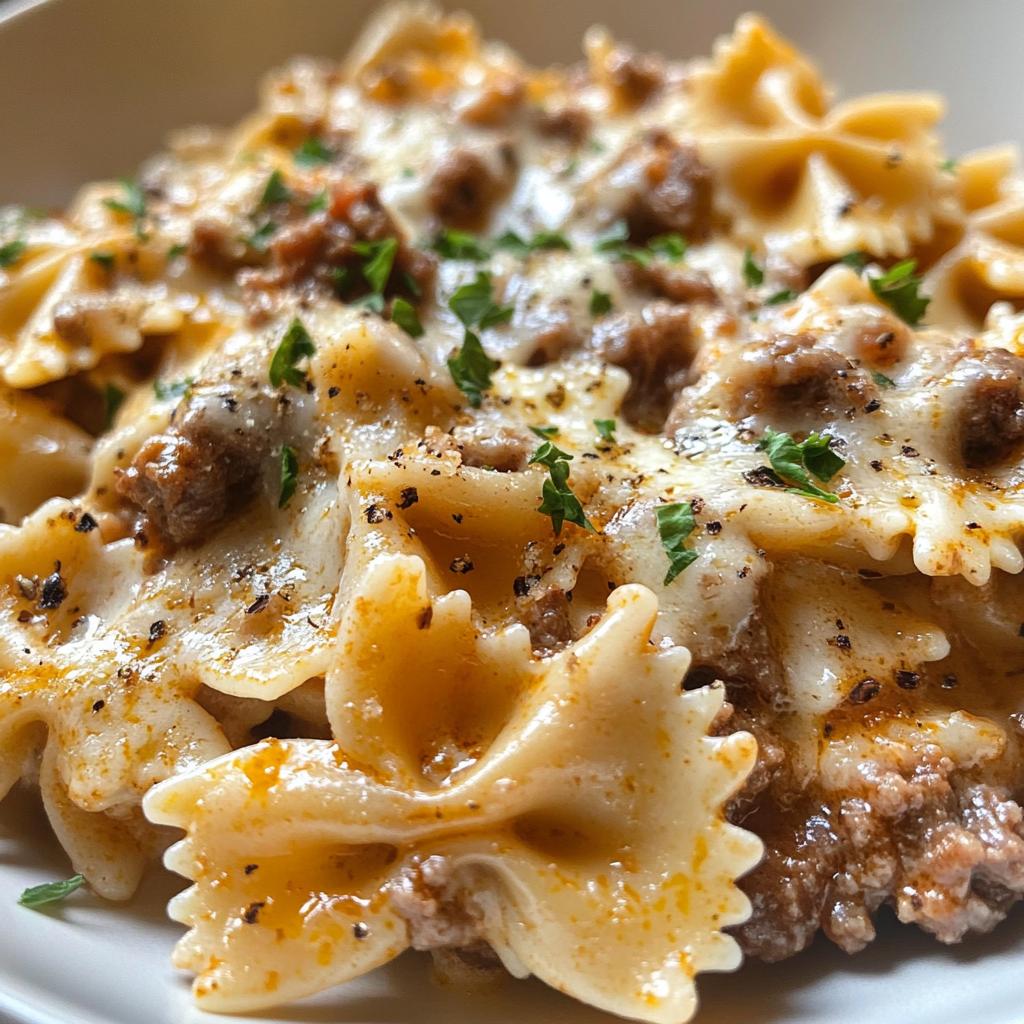 Cheesy Bowtie Pasta with Savory Cajun Ground Beef in Garlic Cream