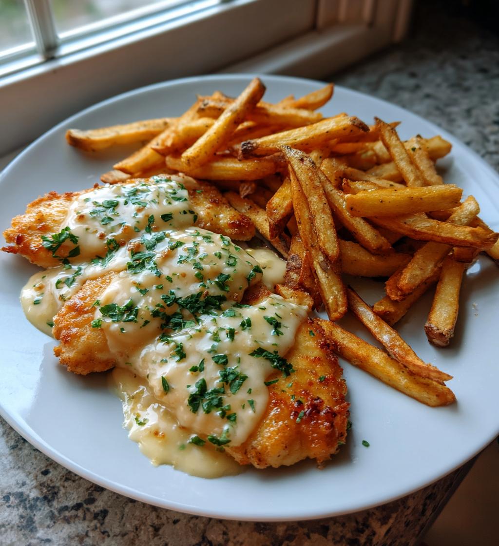 Chicken Fillet in a Garlic Parmesan Sauce with Fries