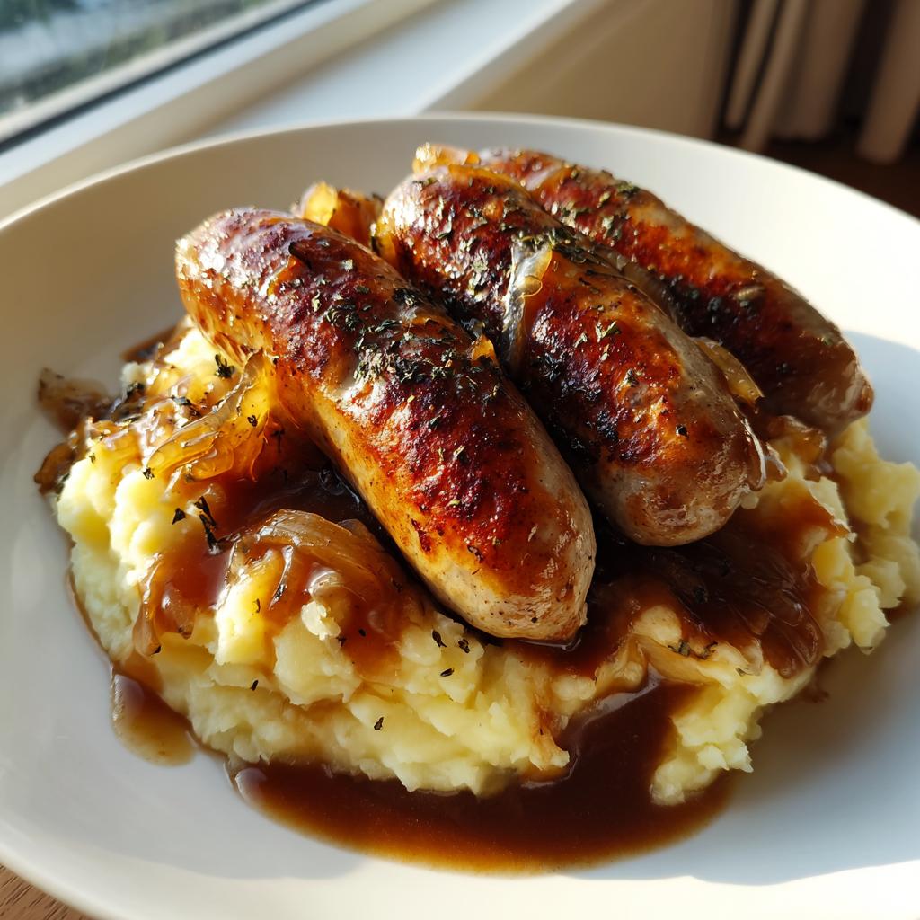Classic British Sausages with Creamy Mash and Rich Onion Gravy - detail 1