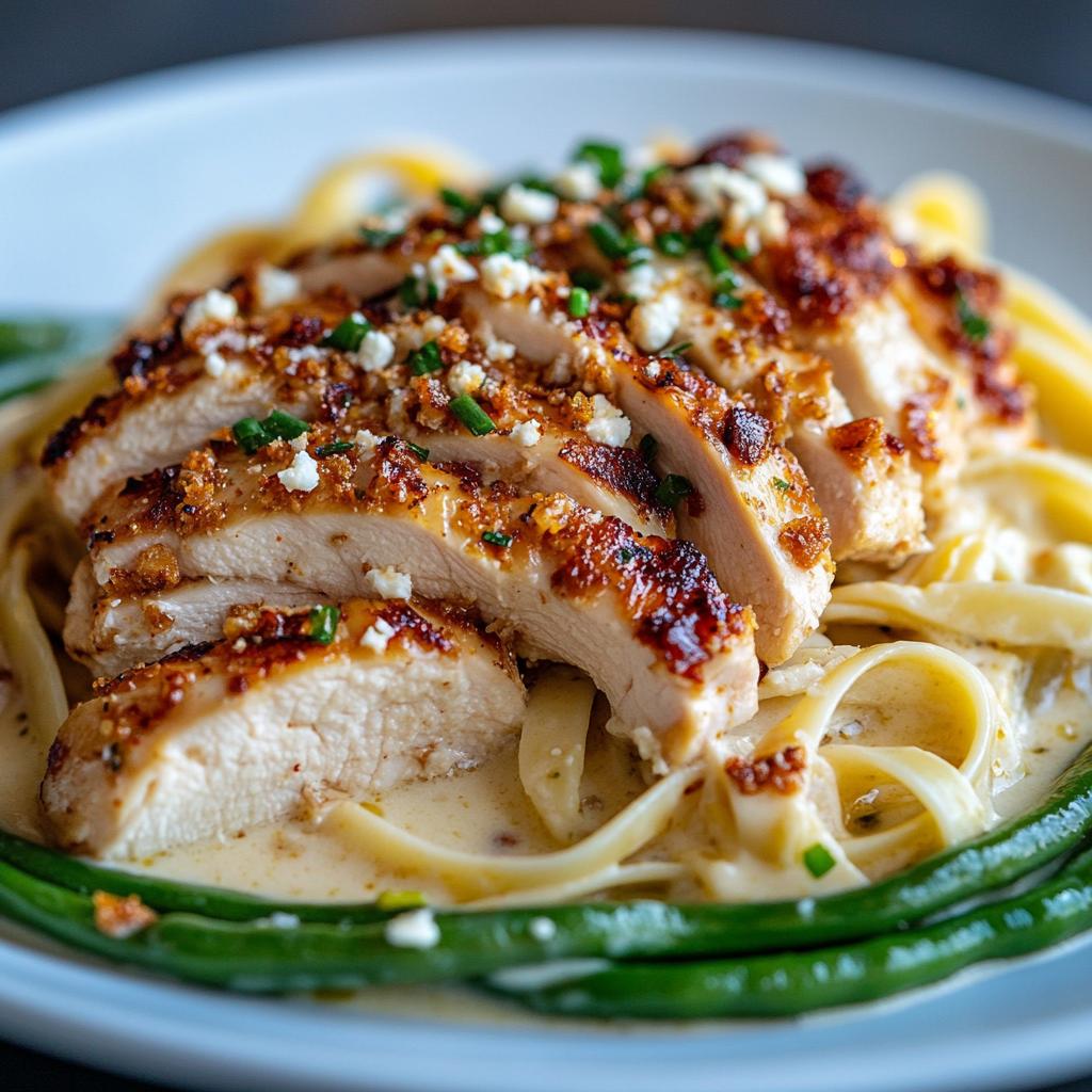 Coconut-Lemon Chicken Alfredo with Chili Feta Cream & Crispy Parmesan Green Beans