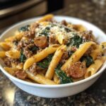 Creamy Garlic Butter Beef Penne with Sausage and Spinach