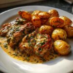Creamy garlic chicken with roasted baby potatoes