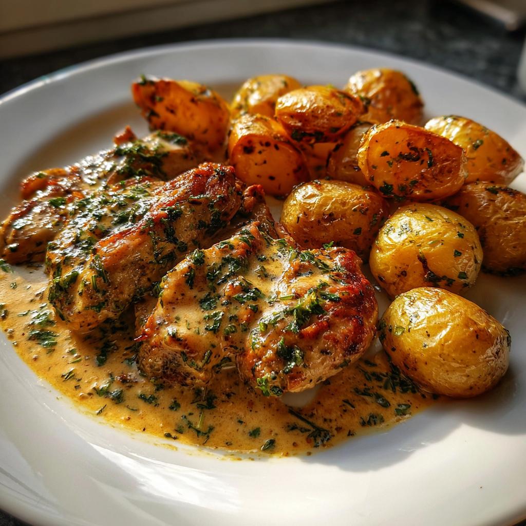 Creamy garlic chicken with roasted baby potatoes