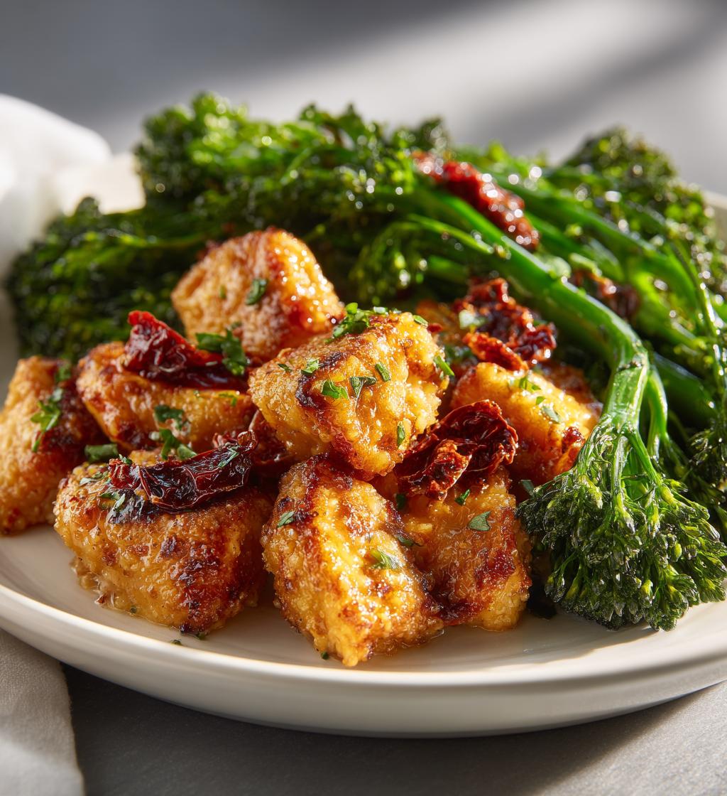 Easy Garlic-Parmesan Chicken Bites Recipe with Sun-Dried Tomato Cajun Alfredo & Charred Broccolini - detail 1