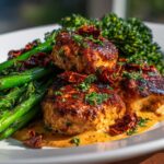 Easy Garlic-Parmesan Chicken Bites Recipe with Sun-Dried Tomato Cajun Alfredo & Charred Broccolini