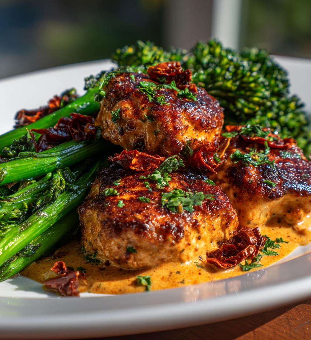 Easy Garlic-Parmesan Chicken Bites Recipe with Sun-Dried Tomato Cajun Alfredo & Charred Broccolini
