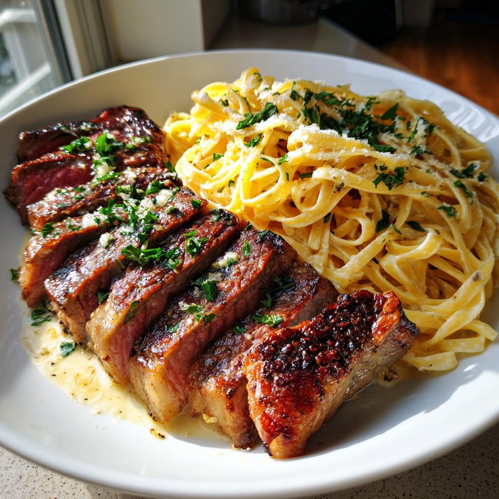 Garlic Butter Steak with Cheesy Linguine in Four-Cheese Sauce - detail 1