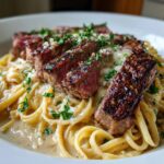 Garlic Butter Steak with Cheesy Linguine in Four-Cheese Sauce