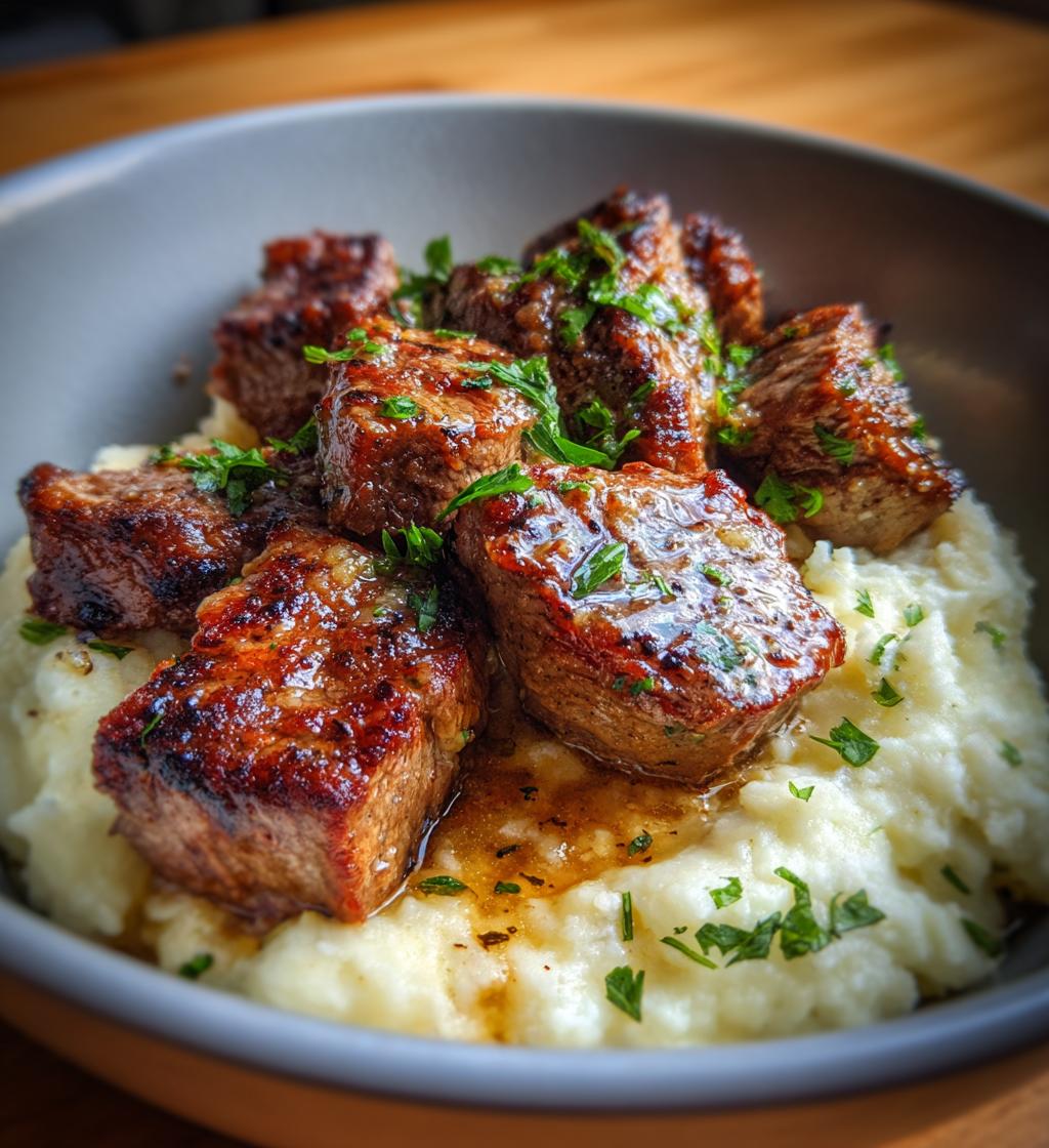 Garlic Parmesan Steak Bites with Mashed Potatoes