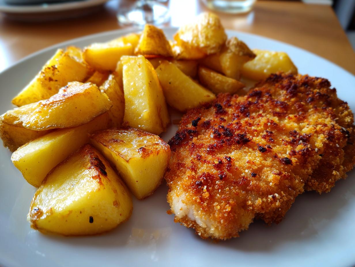 Golden chicken schnitzel with crispy fried potatoes - detail 1