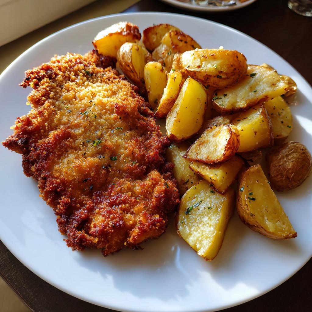 Golden chicken schnitzel with crispy fried potatoes