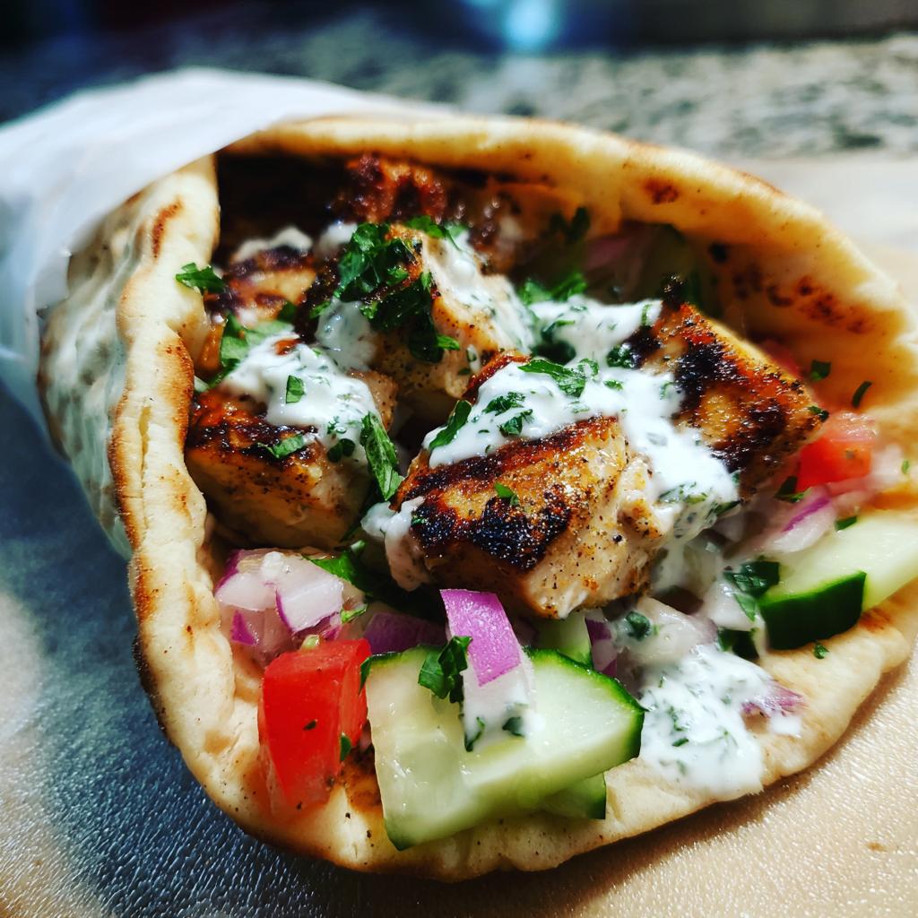 Greek Chicken Souvlaki Wraps with Lemon Garlic Sauce