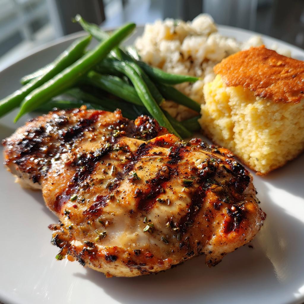 Grilled, seasoned, and roasted chicken breast with vegetables such as green beans, some rice, and a piece of cornbread - detail 1