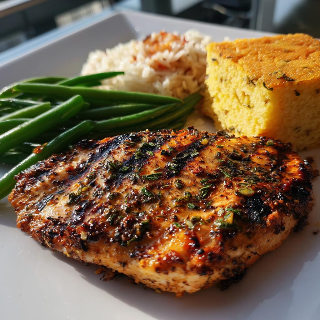 Grilled, seasoned, and roasted chicken breast with vegetables such as green beans, some rice, and a piece of cornbread