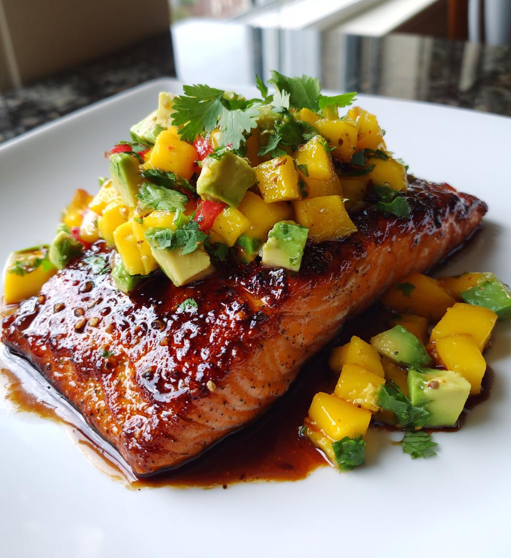 Honig-Glasiertes Lachsfilet mit Mango-Avocado-Salsa