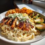 Hot Honey Cajun Chicken Alfredo with Basil Feta Swirl & Crispy Brussels Chips