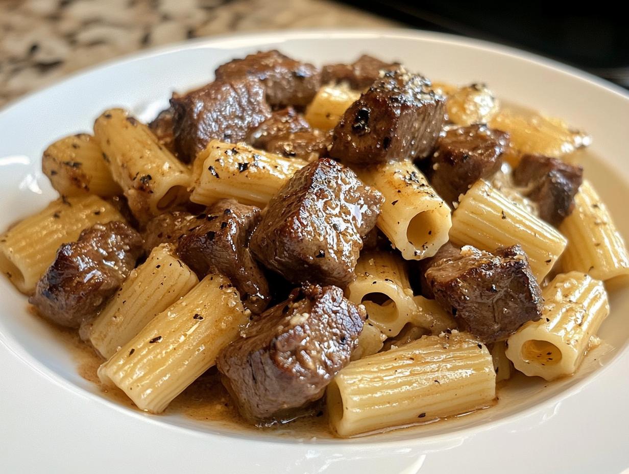 Knoblauchbutter-Rindersteakspitzen mit Käse-Rigatoni - detail 1