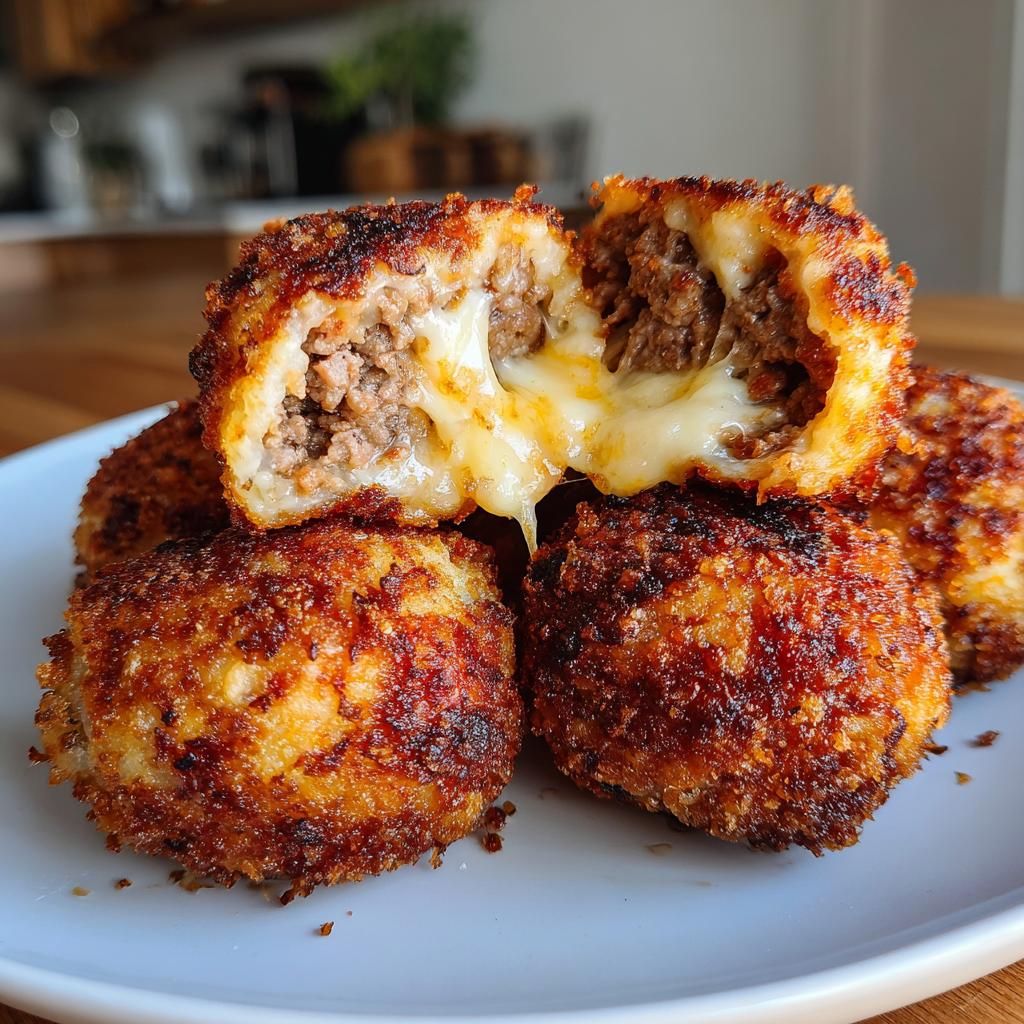 Parmesan Cheeseburger Balls are golden brown and crispy, filled with tender ground beef, melted cheese, and a touch of garlic Parmesan zest. - detail 1