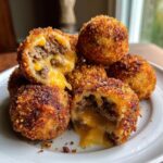 Parmesan Cheeseburger Balls are golden brown and crispy, filled with tender ground beef, melted cheese, and a touch of garlic Parmesan zest.