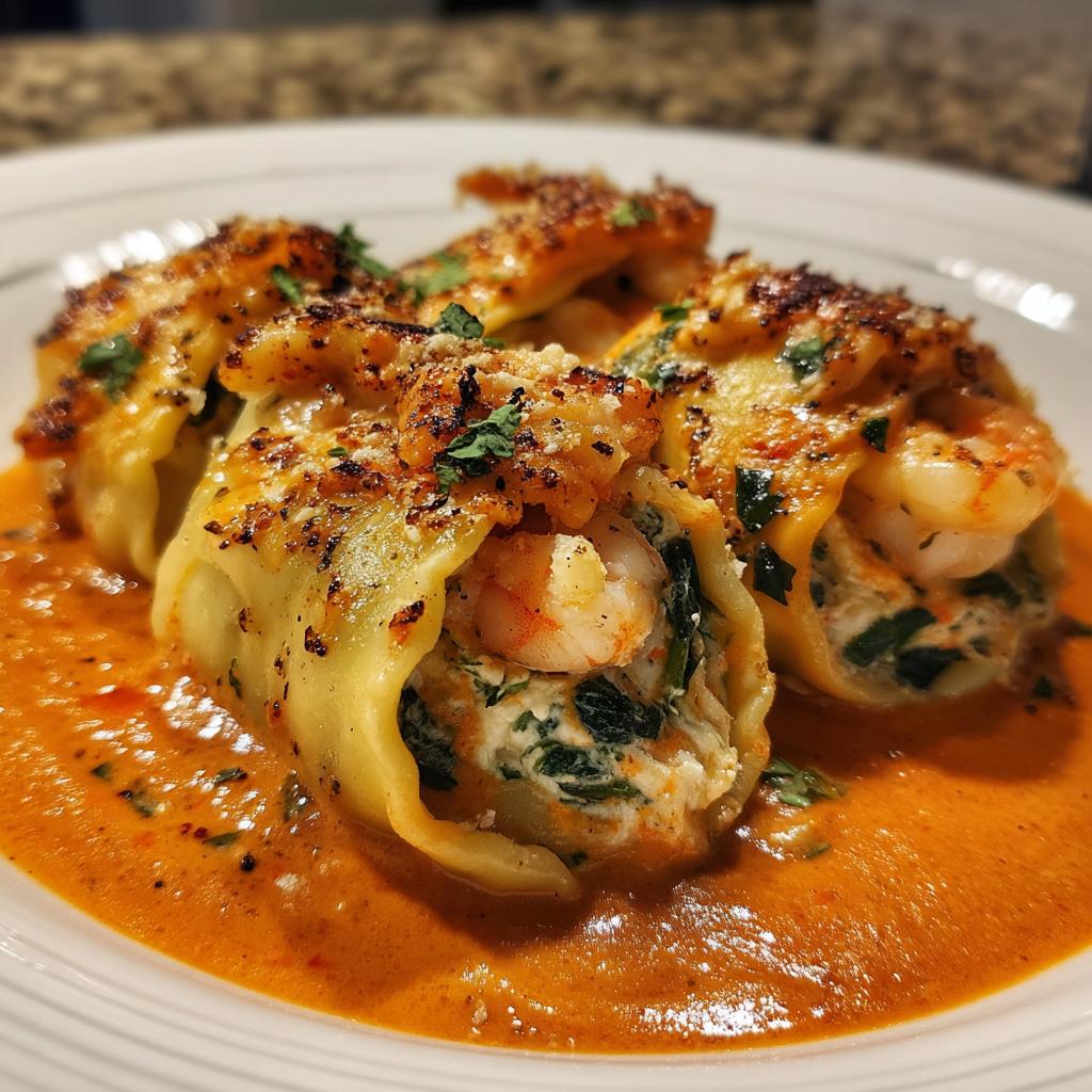 Shrimp and Spinach Stuffed Pasta Rolls with Roasted Red Pepper Cream - detail 1