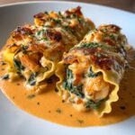 Shrimp and Spinach Stuffed Pasta Rolls with Roasted Red Pepper Cream