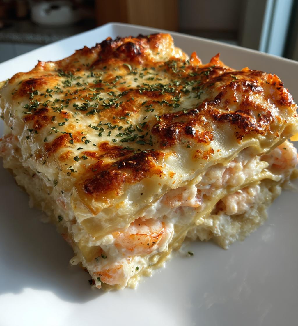 Shrimp lasagna with white sauce and cheese - detail 1