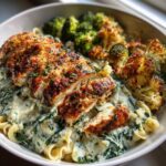 Spinach-Artichoke Greek Chicken Alfredo & Crispy Parmesan Broccoli with Mushroom Basil Cream