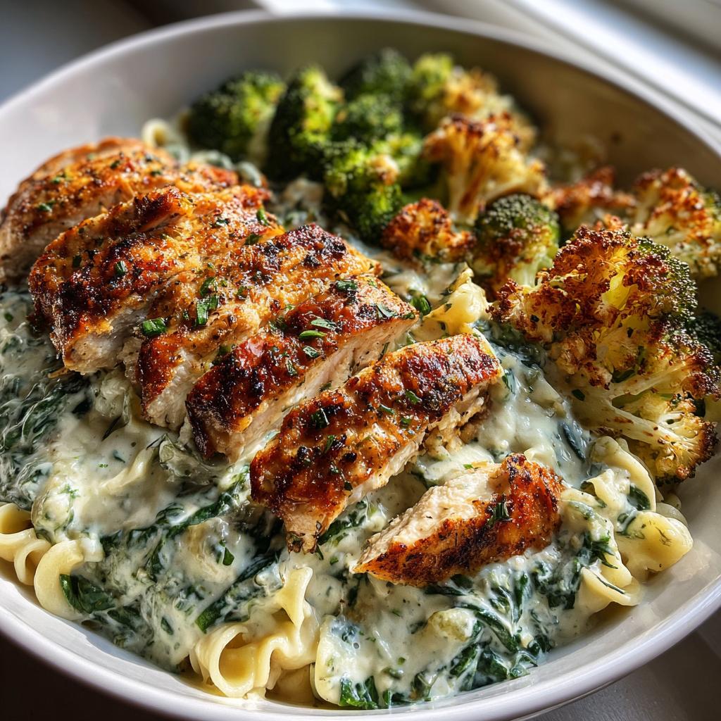 Spinach-Artichoke Greek Chicken Alfredo & Crispy Parmesan Broccoli with Mushroom Basil Cream