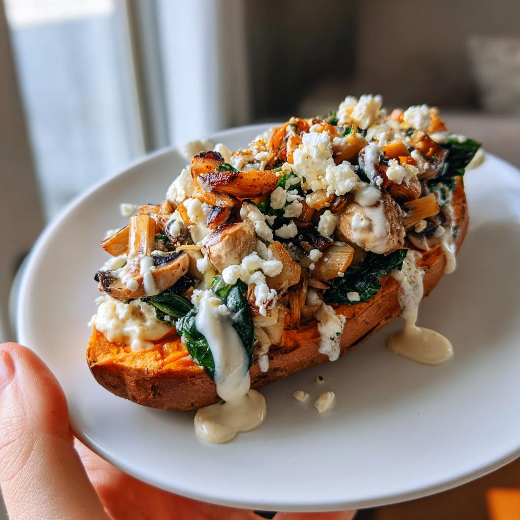 Stuffed Sweet Potatoes with Spinach, Mushrooms, Feta, and Rosemary with Yogurt Sauce - detail 1