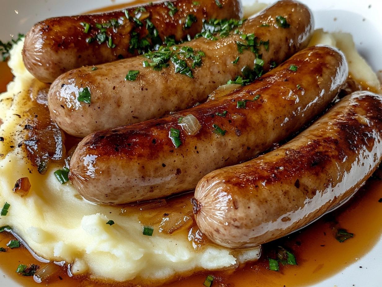 Würzige Würstchen mit cremigem Kartoffelpüree und Zwiebelsoße - detail 1