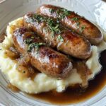 Würzige Würstchen mit cremigem Kartoffelpüree und Zwiebelsoße