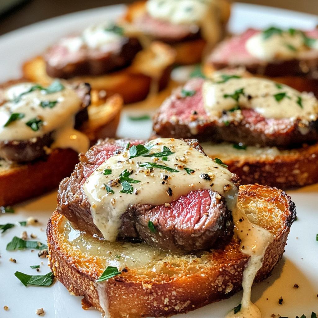 Beef Tenderloin Crostini with Parmesan Cream Sauce