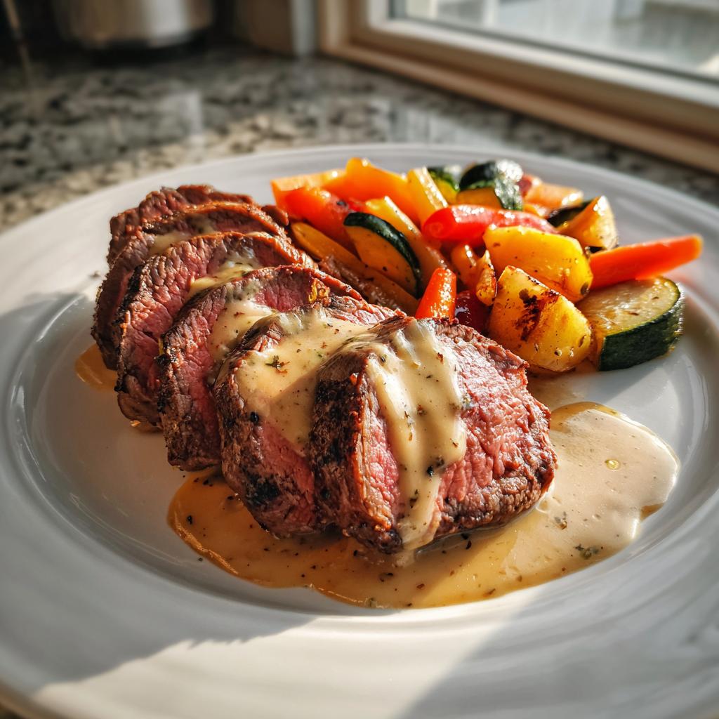 Beef Tenderloin with Garlic Dijon Cream Sauce and Roasted Vegetables - detail 1