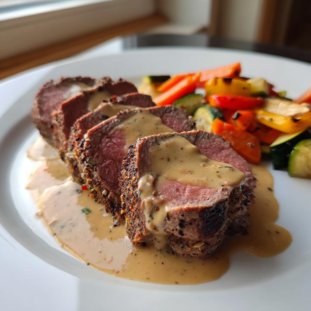 Beef Tenderloin with Garlic Dijon Cream Sauce and Roasted Vegetables