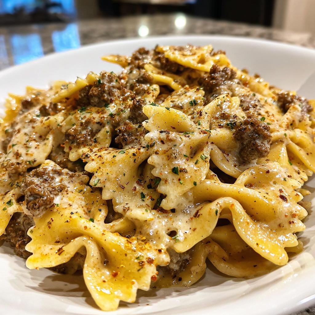 Bow-Tie Pasta with Savory Cajun Ground Beef in Garlic Cream - detail 1