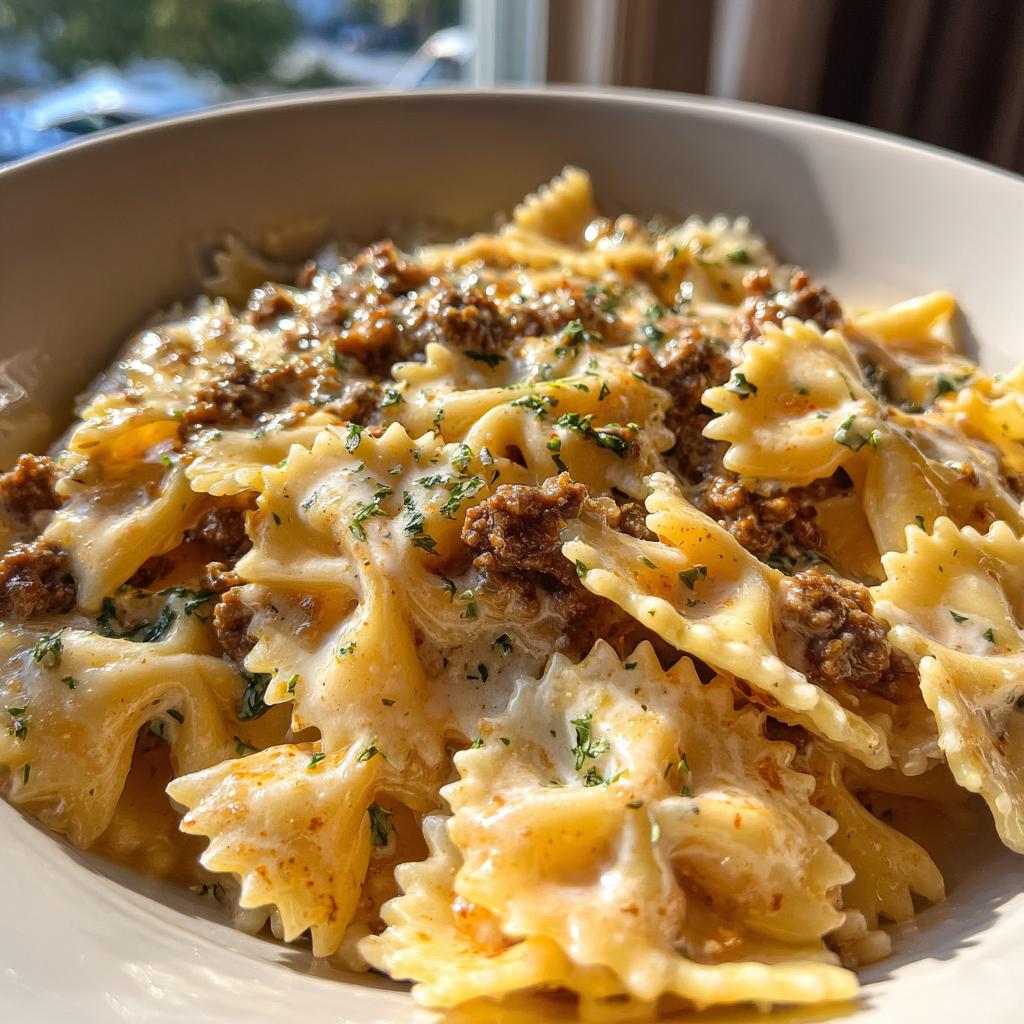 Bow-Tie Pasta with Savory Cajun Ground Beef in Garlic Cream
