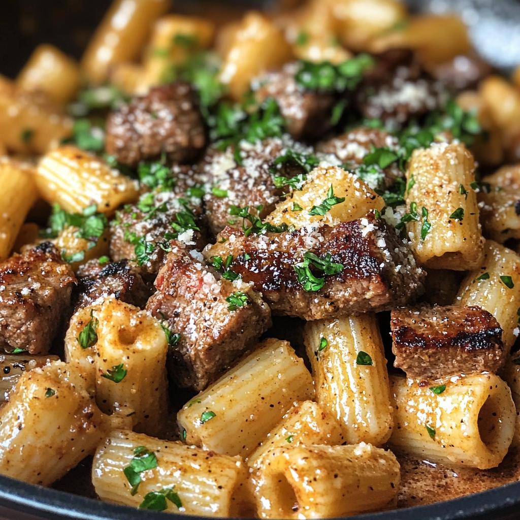 Cajun Steak Tips in Cheesy Rigatoni Parmesan Sauce