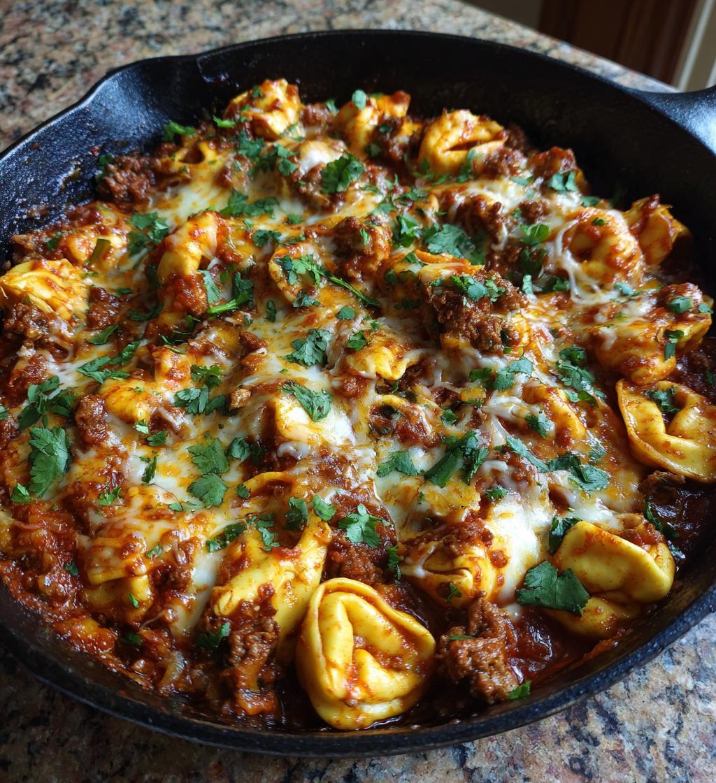 Cheesy Enchilada Beef Tortellini Skillet