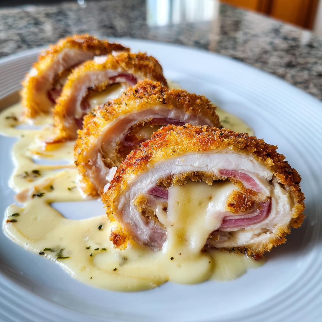 Chicken Cordon Bleu with Swiss cheese sauce