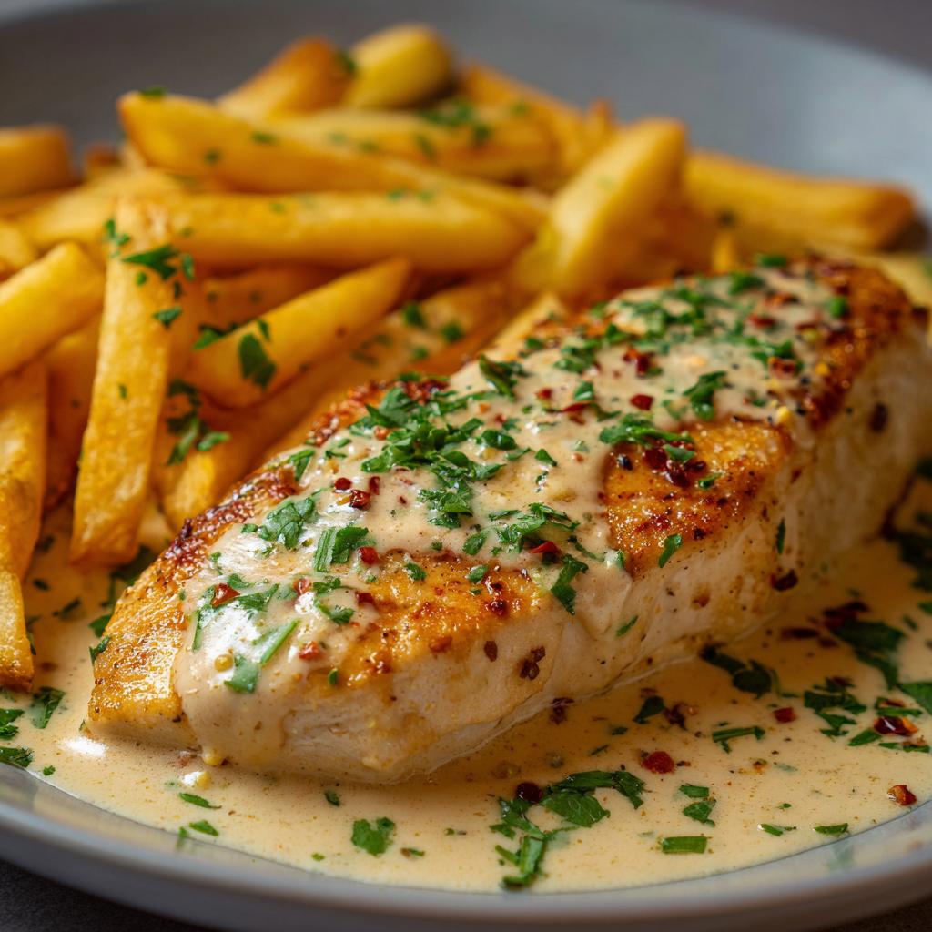 Chicken fillet in a spicy, creamy garlic parmesan sauce with French fries - detail 1