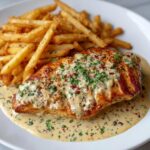 Chicken fillet in a spicy, creamy garlic parmesan sauce with French fries