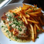 Chicken fillet in a spicy, creamy garlic parmesan sauce with French fries