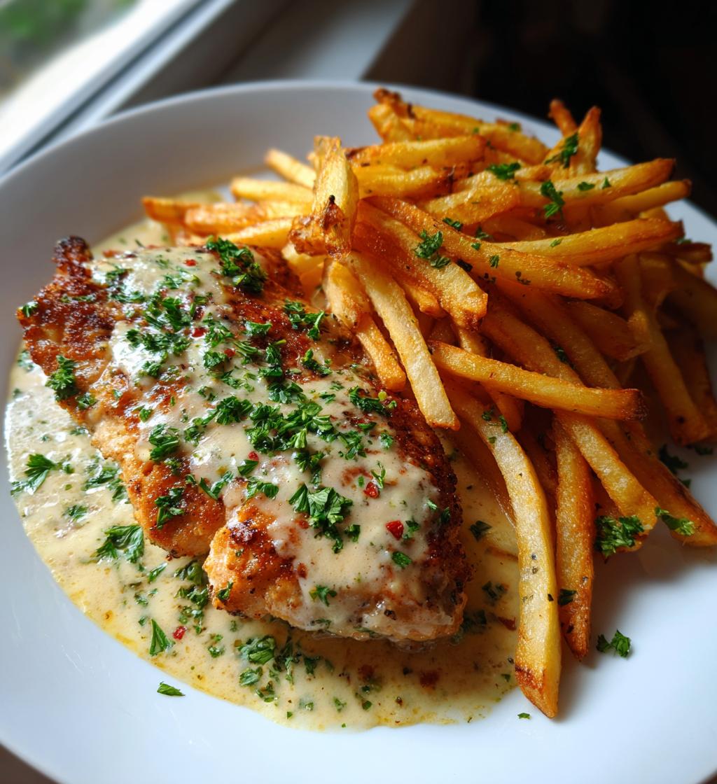 Chicken fillet in a spicy, creamy garlic parmesan sauce with French fries