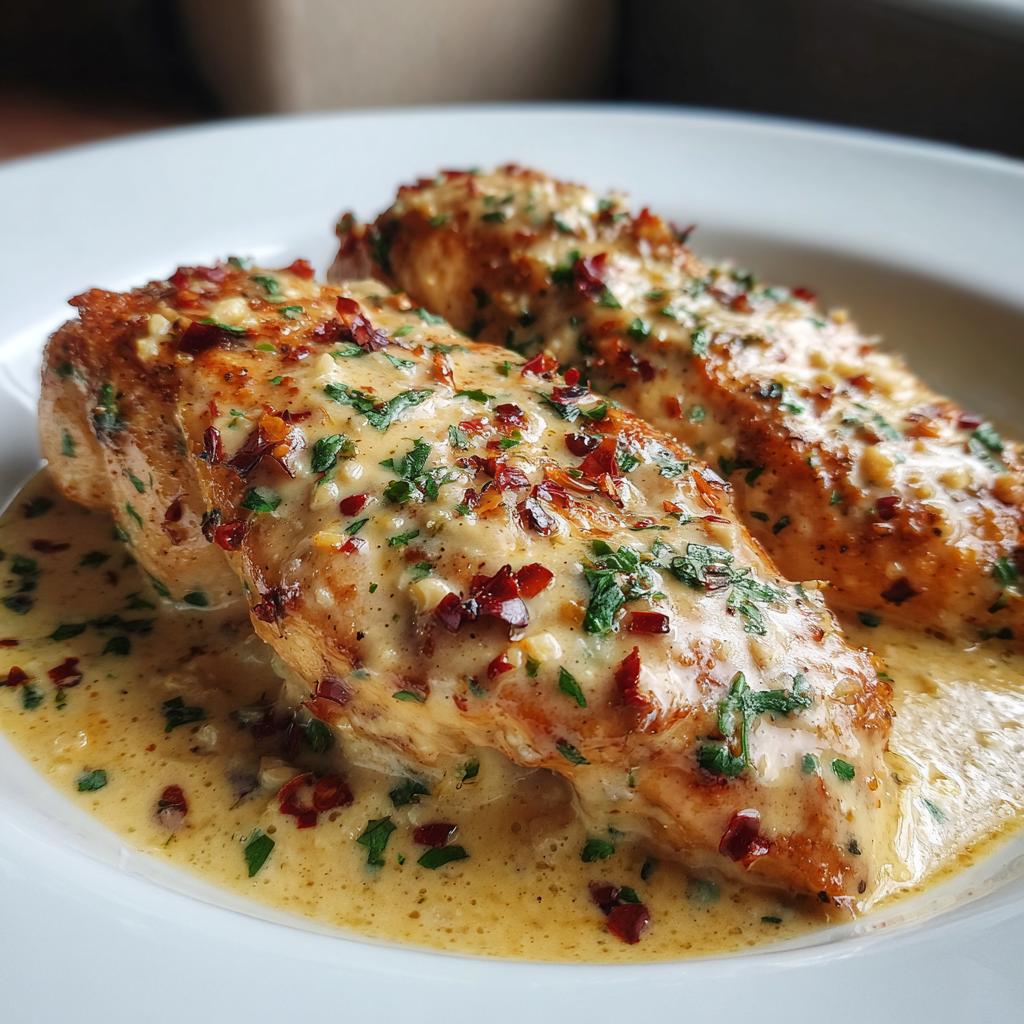 Chicken fillet in a spicy, creamy garlic parmesan sauce