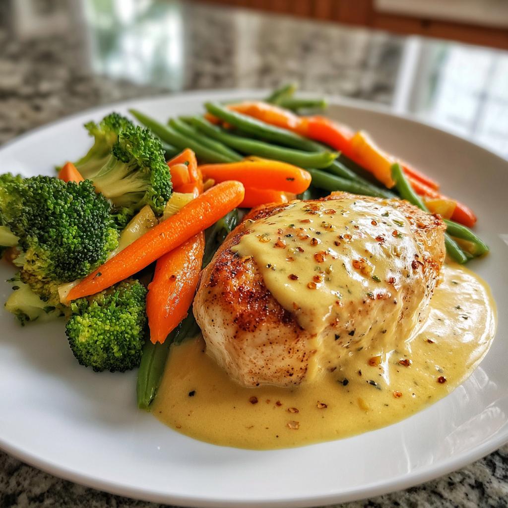 Chicken in a creamy mustard sauce with steamed vegetables - detail 1